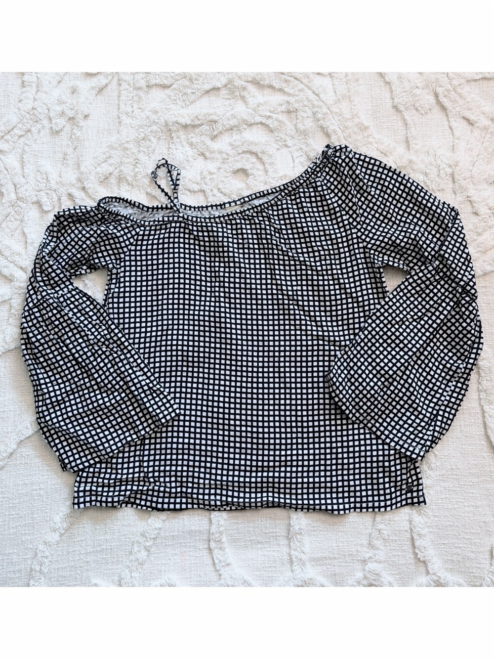 ROXY Black White Grid Print One Shoulder Bell Sleeve Top Medium